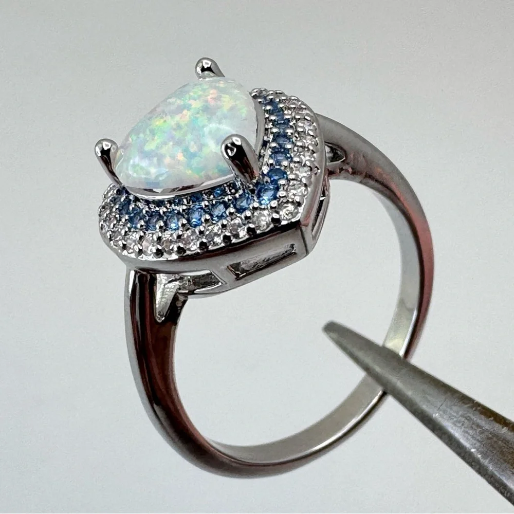 New Faux Opal Heart Halo Ring Blue White Diamond CZ Silver Boho Glam Statement